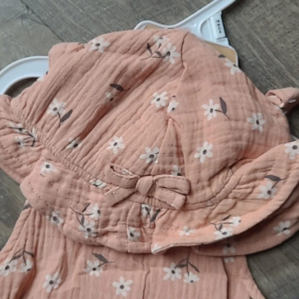 Rabbit Bear Organic Peach Floral Baby Romper with Matching Hat